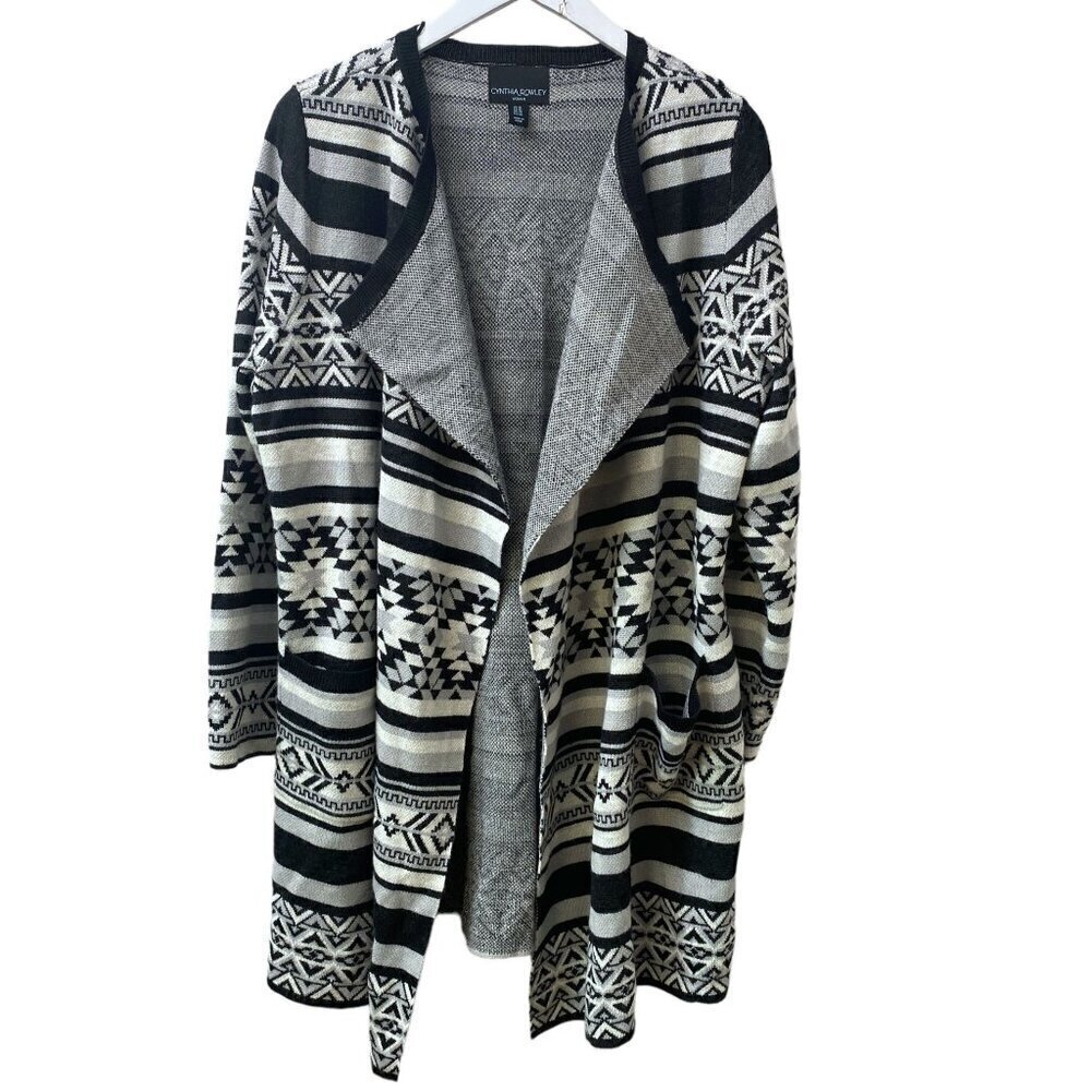 Cynthia Rowley Long Cardigan Plus Size 1X Open Sweater Black Aztec Wool Blend
